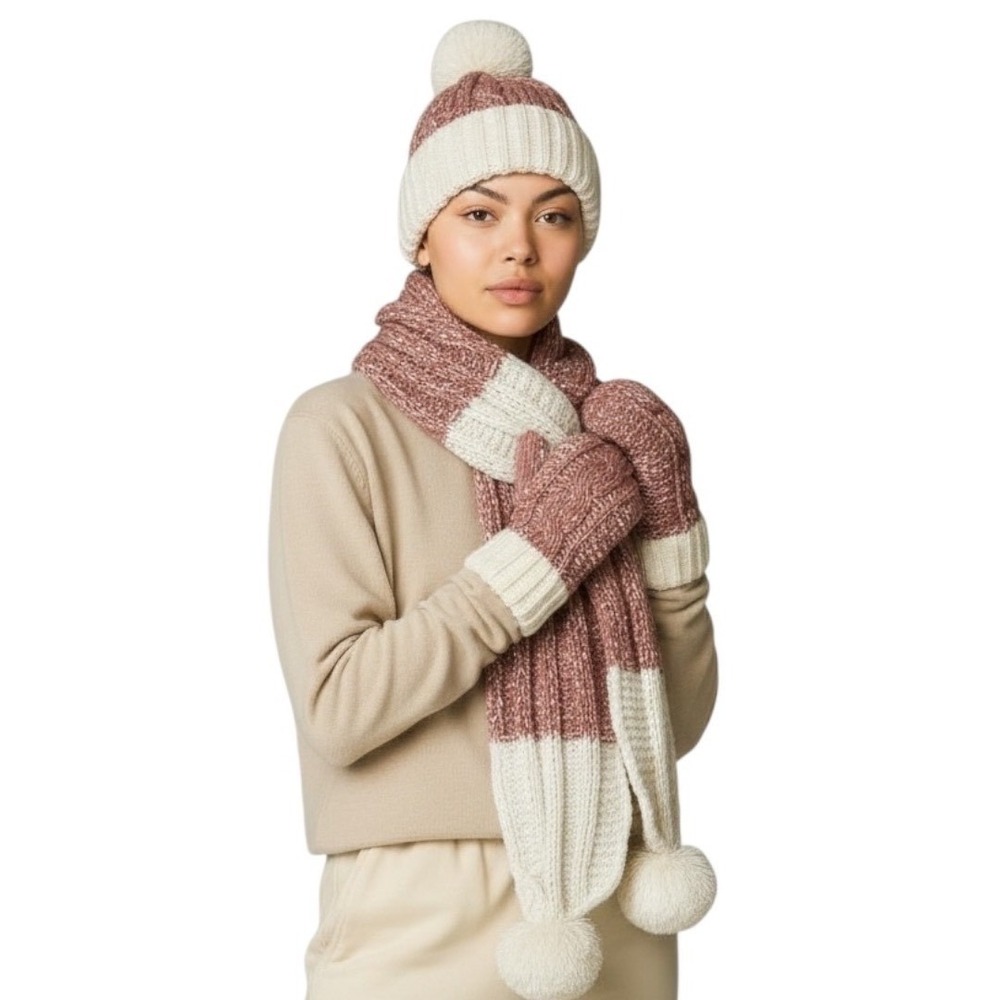 Chunky Knit Scarf Hat‎ Mitten Set Pink White Pom Pom Cozy Winter Warm